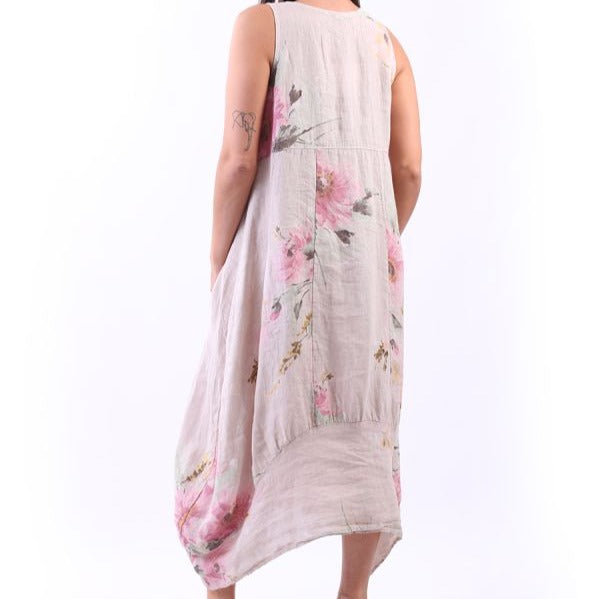 Large Floral Print Sleeveless Linen Dress - Beige