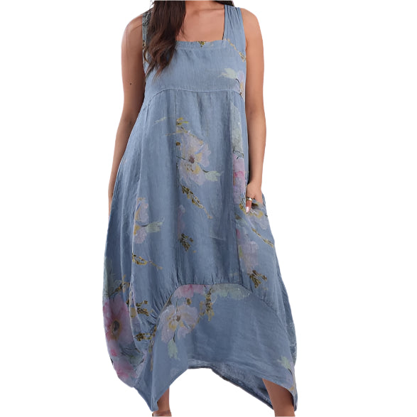 Large Floral Print Sleeveless Linen Dress - Denim