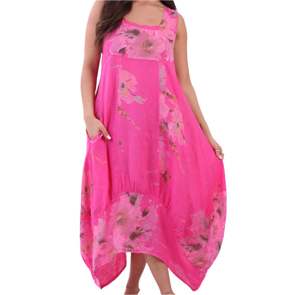 Large Floral Print Sleeveless Linen Dress - Fuchsia