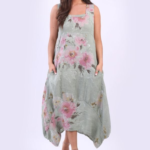 Large Floral Print Sleeveless Linen Dress - Khaki