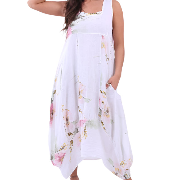 Sleeveless Floral Print Linen Sundress White | Putti Fine Fashions