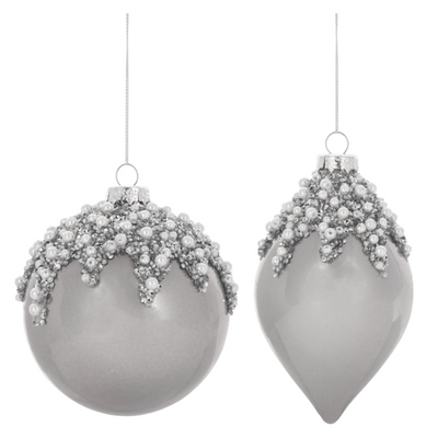 Glossy Grey Grey with Pearls Glass Ball Ornament | Putti Christmas Decorations