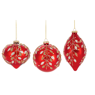 Matte Red with Gold Holly Glass Ornament | Putti Christmas