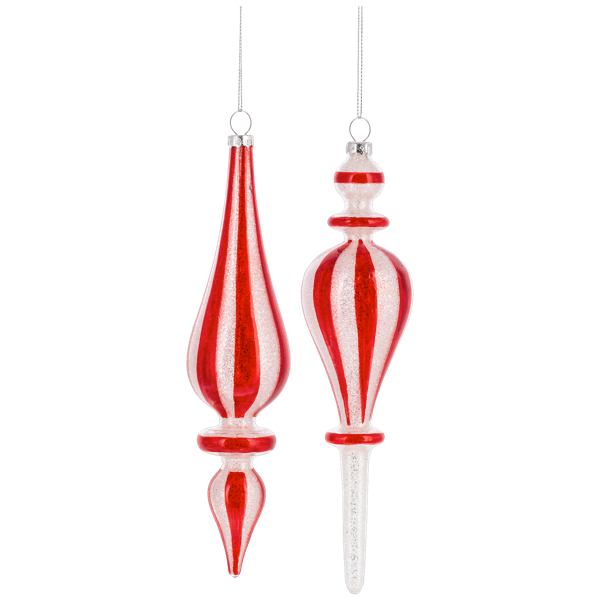Red & White Peppermint Stripe Finial Ornaments | Putti Christmas Decorations