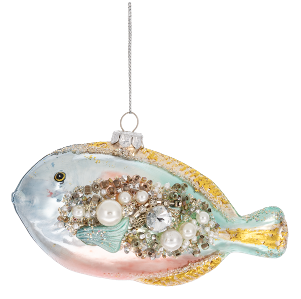 Beaded Mint Fish Glass Ornament