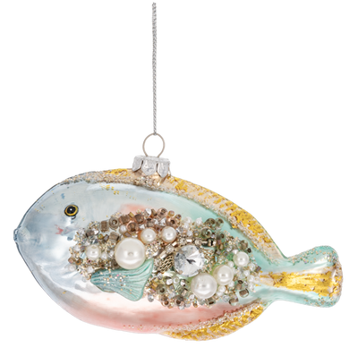 Beaded Mint Fish Glass Ornament