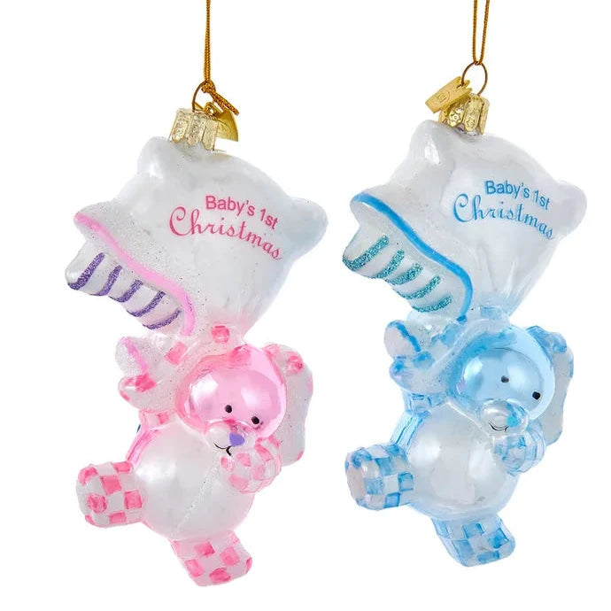 "Baby's First Christmas" Rabbit with Pillow Glass Ornament - Pink