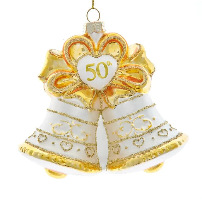 Noble Gems™ Glass "50th Anniversary" Golld Bell Ornament  | Putti Christmas Decorations