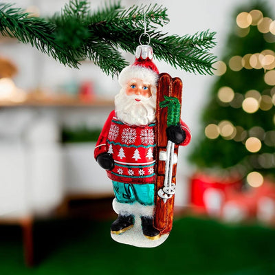 Noble Gems™ Santa With Skis Glass Ornament | Putti Christmas Canada