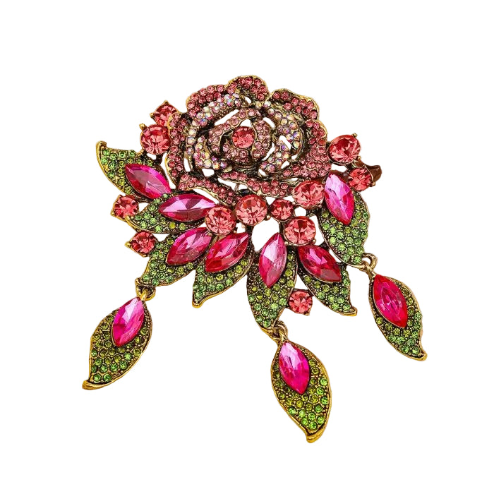 Crystal Large Rose Brooch - Pink