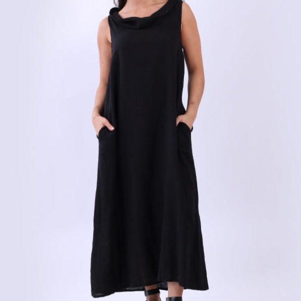 Cowl Neck Linen Maxi Dress - Black