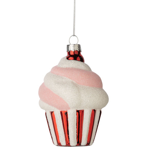 Cupcake with Red and White Case Glass Ornament | Putti Christmas Decorations