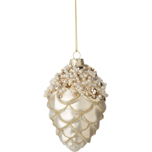 Gold Pinecone with White Beaded Top Glass Ornament | Putti Christmas Decorations
