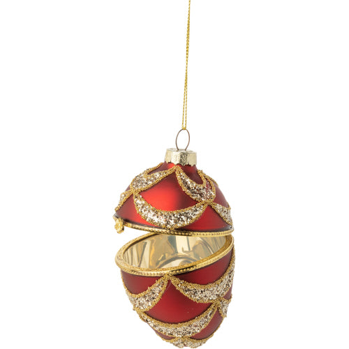 Red with Gold & Silver Swags Glass Egg Trinket Ornament | Putti Christmas Decorations
