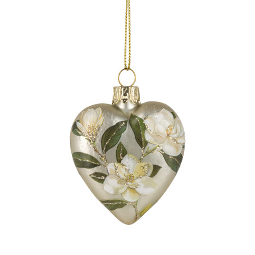 Magnolia on Matte Gold Glass Heart Ornament  | Putti Christmas Celebrations