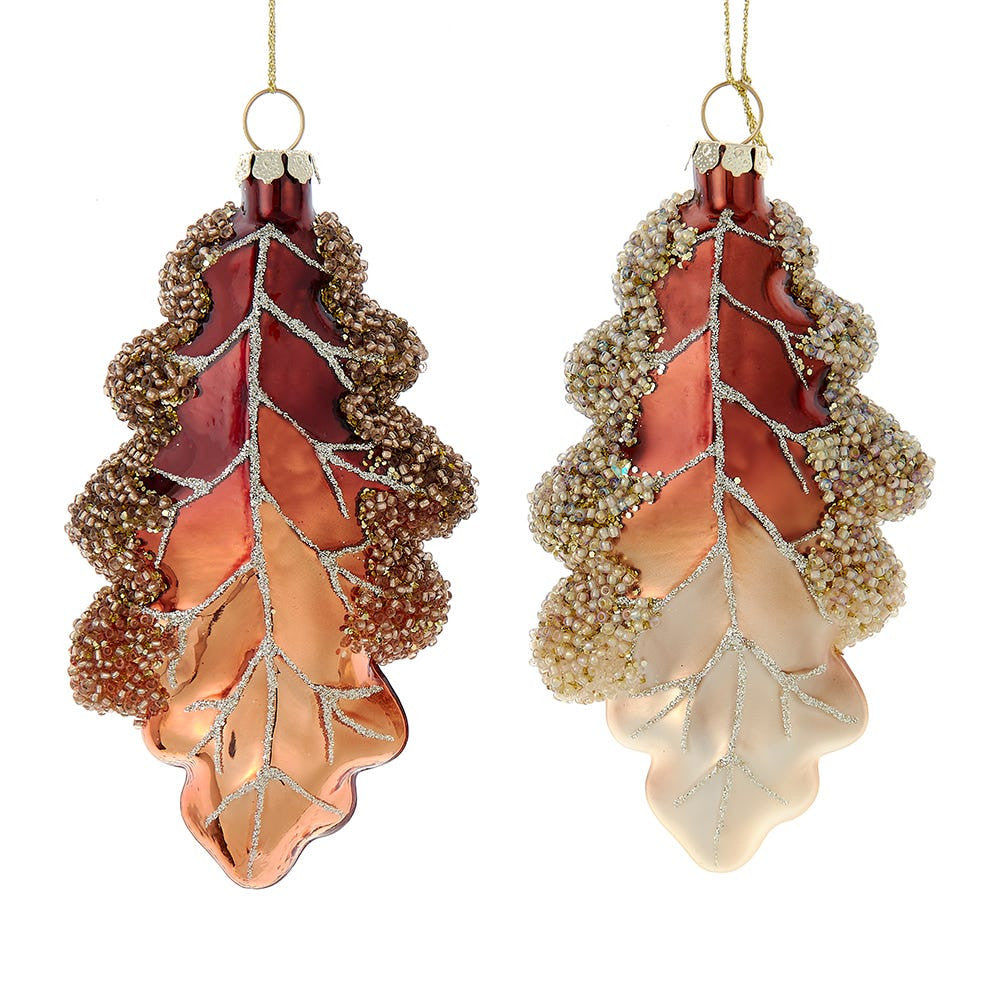 Beaded Oak Leaf Glass Ornament | Putti Christmas Decorations