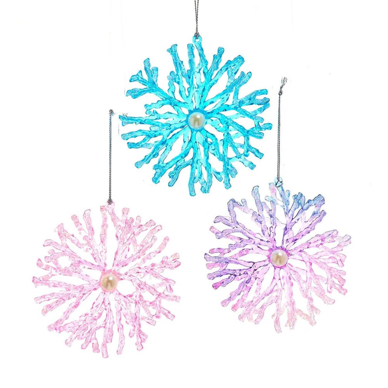 Coral Pink, Blue & Purple Snowflake Ornaments