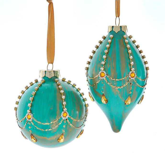 Glass Aqua & Gold Ball & Finial Glass Ornaments