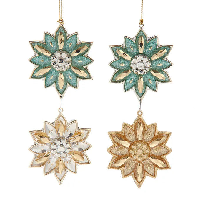 Aqua & Gold Flower With Dangle Ornaments | Putti Christmas Decorations