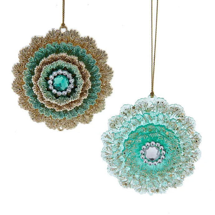 Aqua & Gold Flower Ornaments | Putti Christmas Decorations