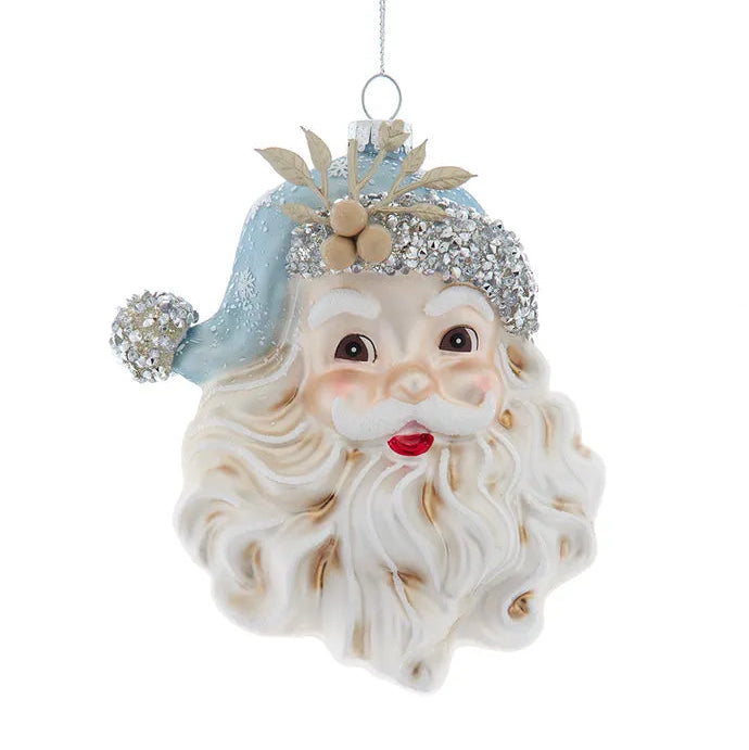 Kurt Adler Blue and Platinum Santa Head Glass Ornament | Putti Christmas