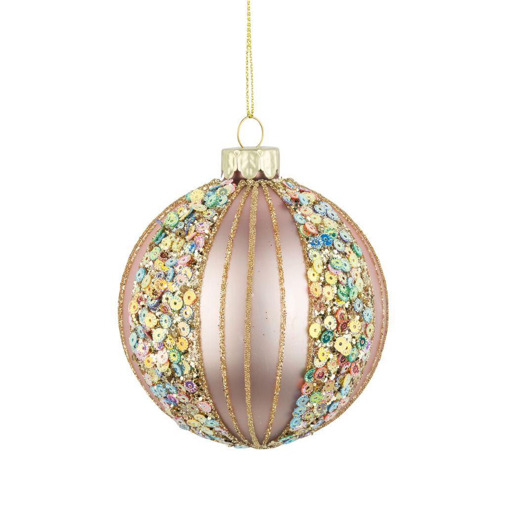 Matte Pink with Sequin Stripes Glass Ball Ornament | Putti Christmas Decorations