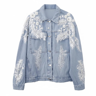 Romantic Floral & Pearl Light Blue Denim Jacket