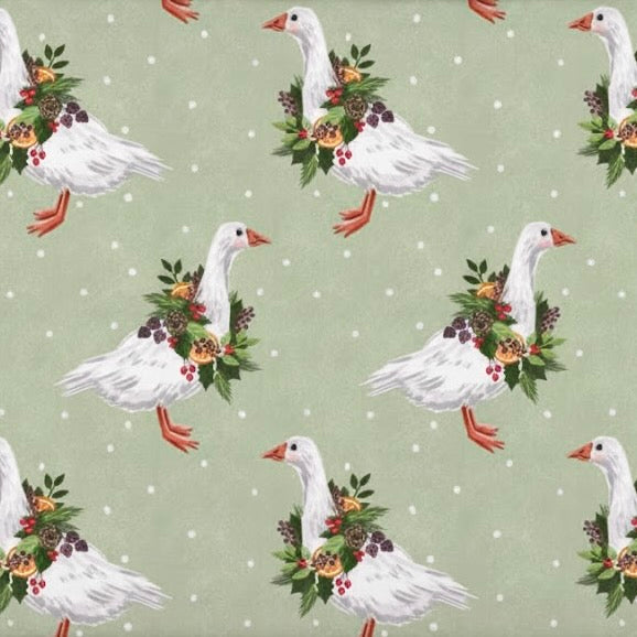 Sage Green Ttraditional Geese Christmas Wrapping Paper Sheet - Small