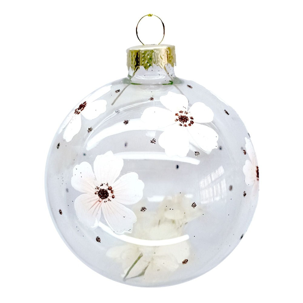 Clear with Pink Floral Glass Ball Ornament | Putti Christmas Decorations