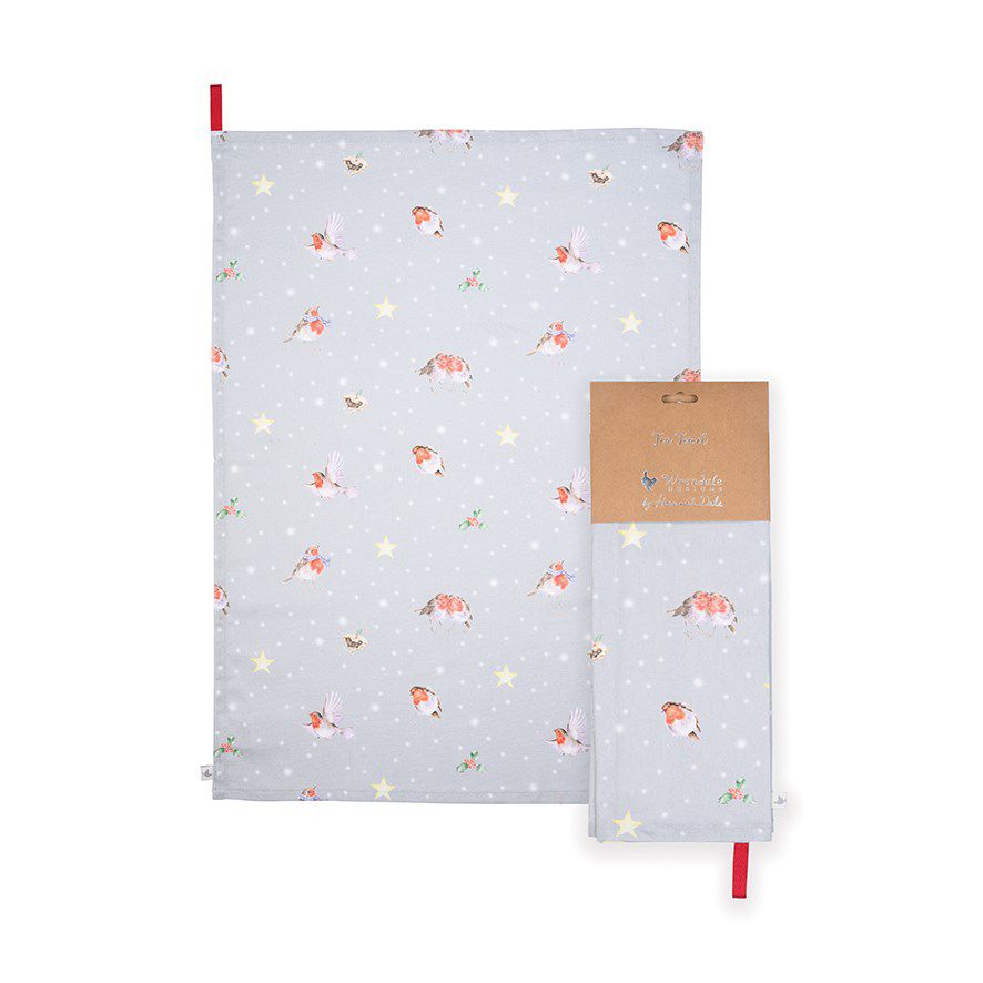 "Season's Tweetings" Christmas Robin Tea Towel - Grey