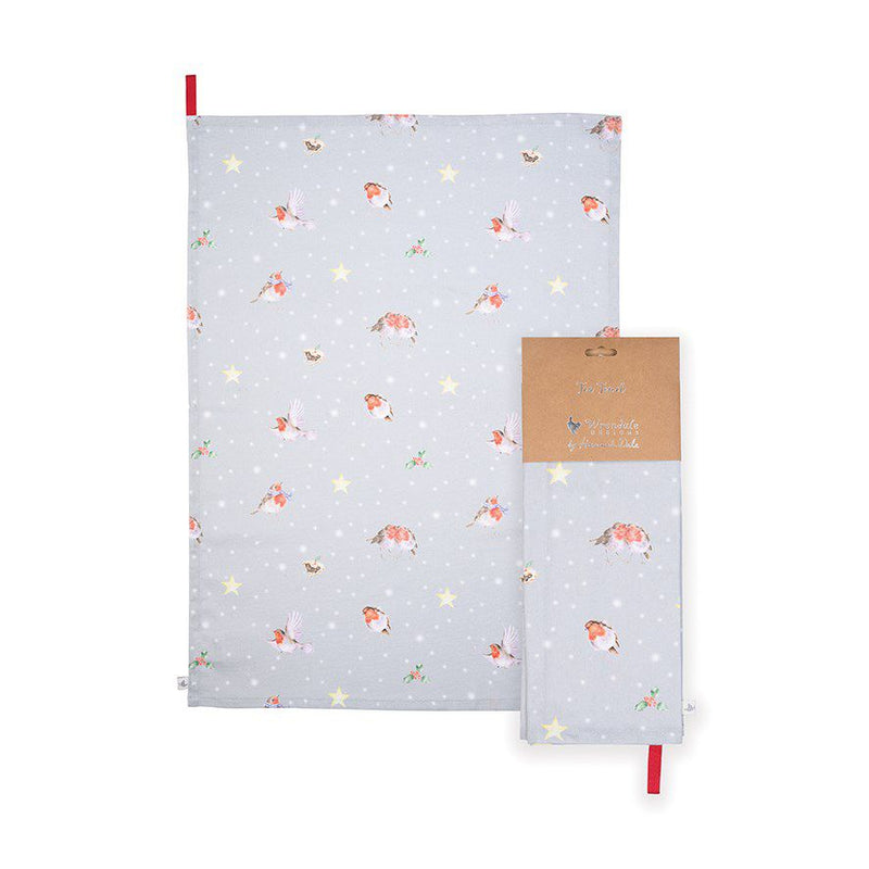 "Season's Tweetings" Christmas Robin Tea Towel - Grey