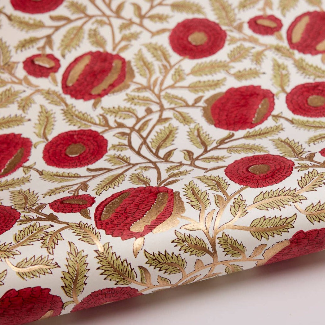 Hand Block Printed Gift Wrap Sheet- Marigold Glitz Scarlet