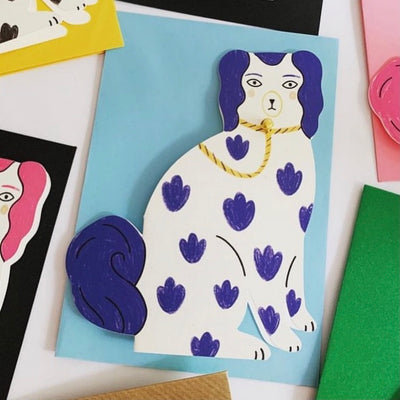 Staffordshire Pottery Dog Card - Blue