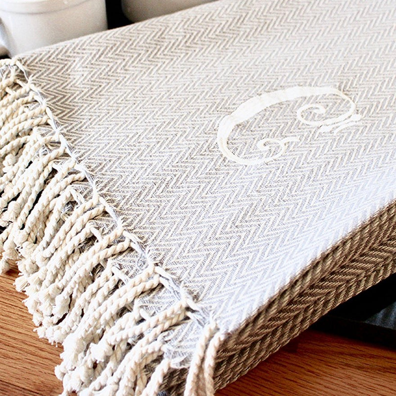 Monogrammed Herringbone Throw - Initial T, MP-Mud Pie, Putti Fine Furnishings