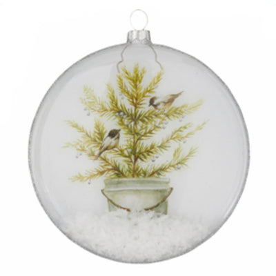 Potted Tree with Two Birds Glass Disc Ornament