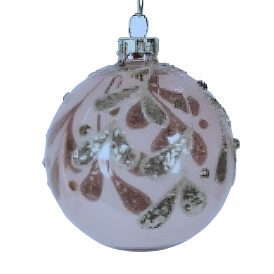 Transluscent Blush with Glitter Leaves Glass Ball Ornament