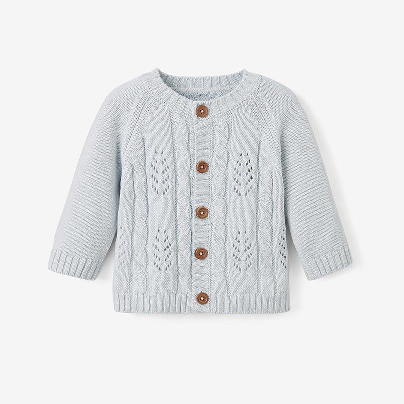 Elegant Baby Leaf Pointelle Knit Cardigan - Pale Blue | Le Petite Putti Canada