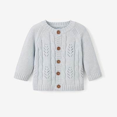 Elegant Baby Leaf Pointelle Knit Cardigan - Pale Blue | Le Petite Putti Canada