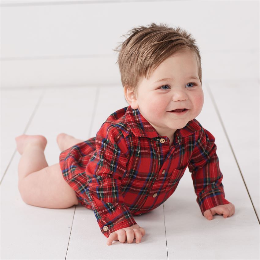 Mud Pie Flannel Red Tartan Plaid Crawler | Putti Christmas