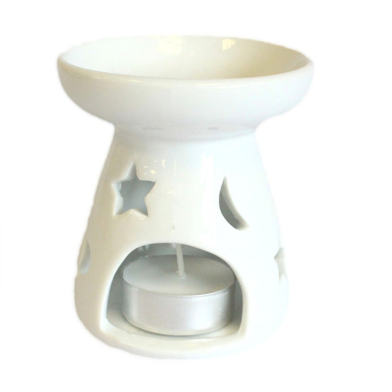 Small White Ceramic Wax Melter with Star And Moon Cut Outs - Putti Fine Furnishings