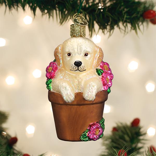 Old World Christmas Puppy in Flower Pot Glass Ornament | Putti