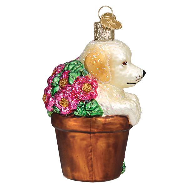 Old World Christmas Puppy in Flower Pot Glass Ornament | Putti