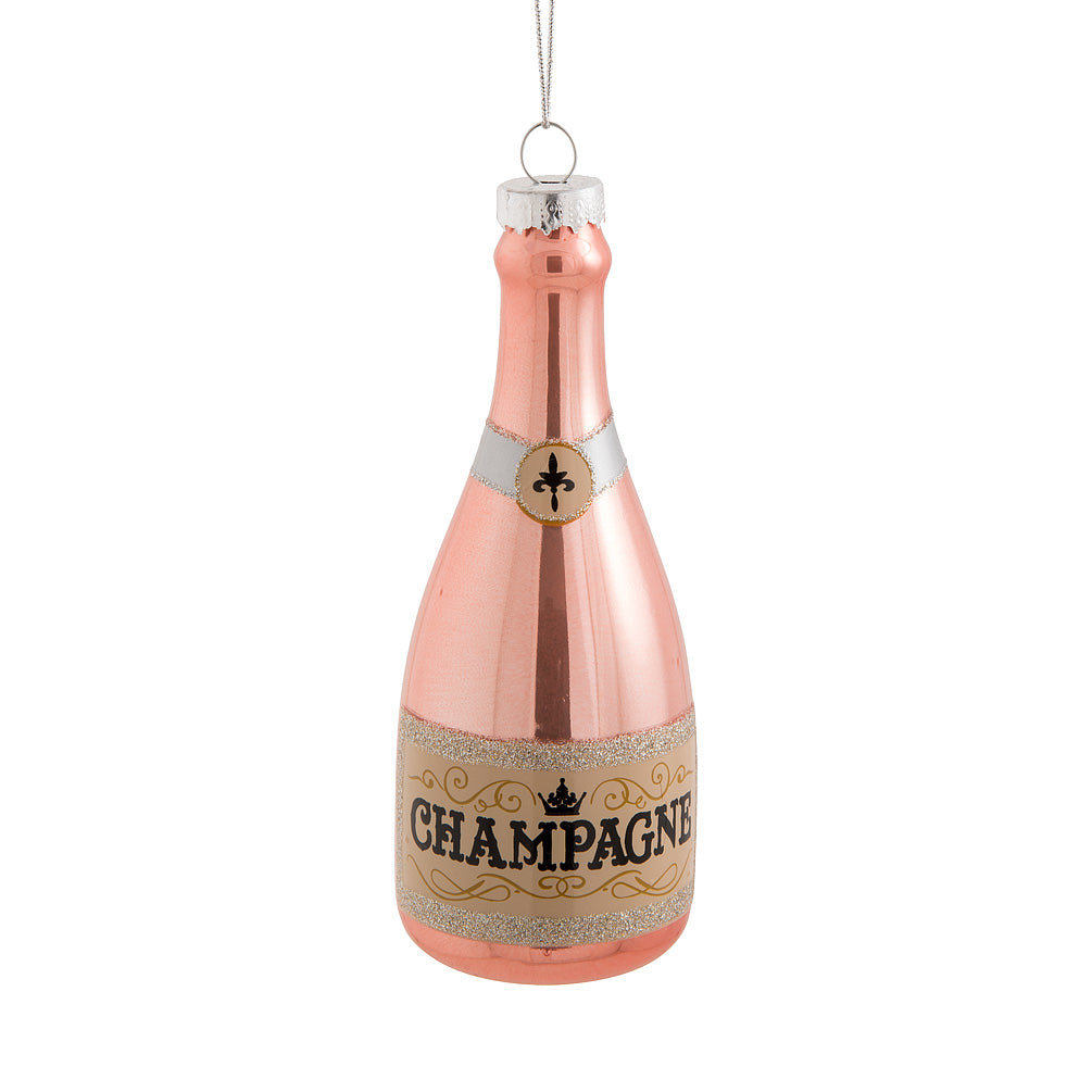 Pink Champagne Bottle Glass Ornament - Putti Christmas Celebrations