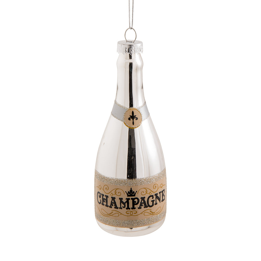 Silver Champagne Bottle Glass Ornament - Putti Christmas Celebrations
