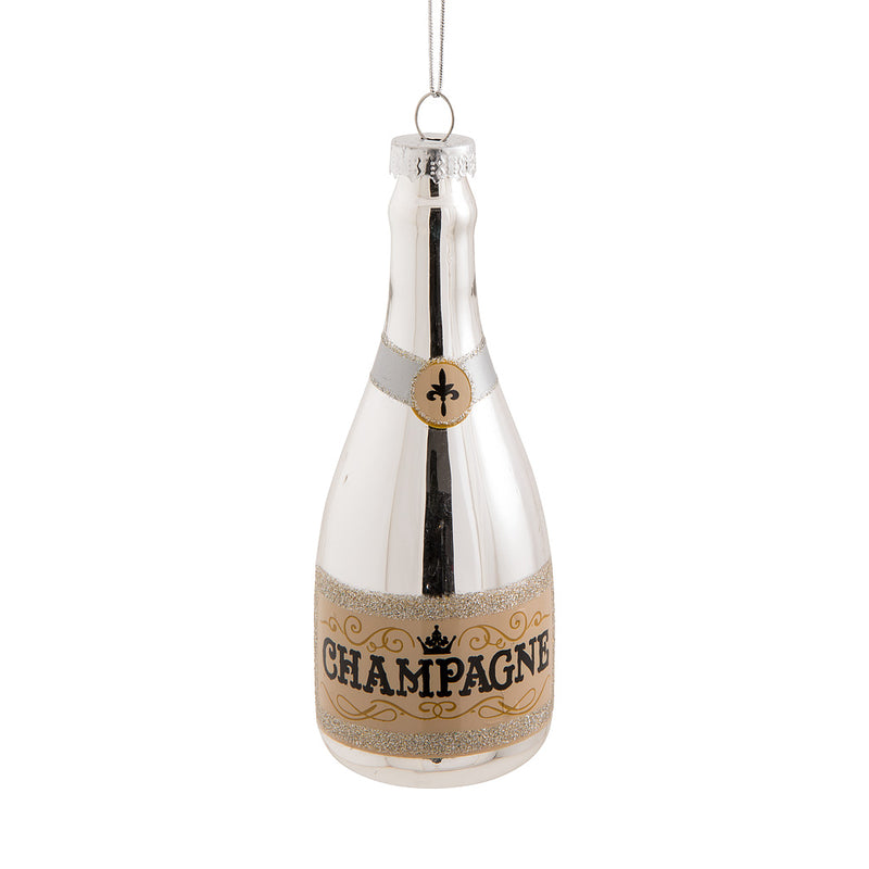 Silver Champagne Bottle Glass Ornament - Putti Christmas Celebrations