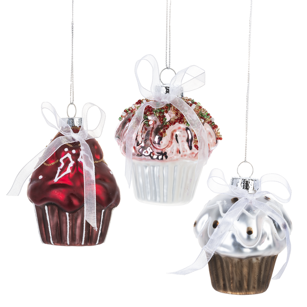 Cupcake with Bow Glass Ornament | Putti Christmas Decorations