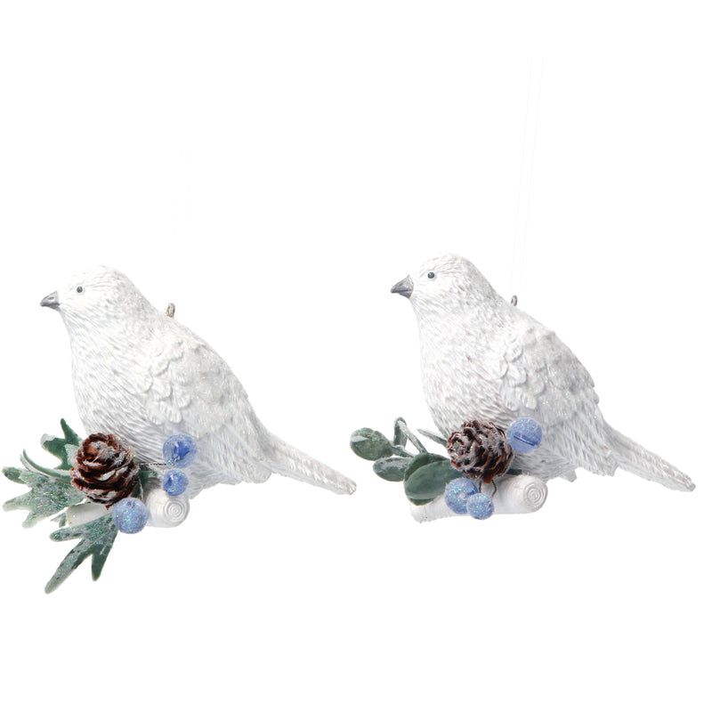 White Resin Bird with Eucalyptus and Berries Ornament