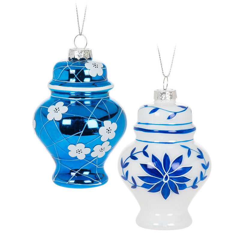 White with Blue Flowers Ginger Jar Glass Ornament