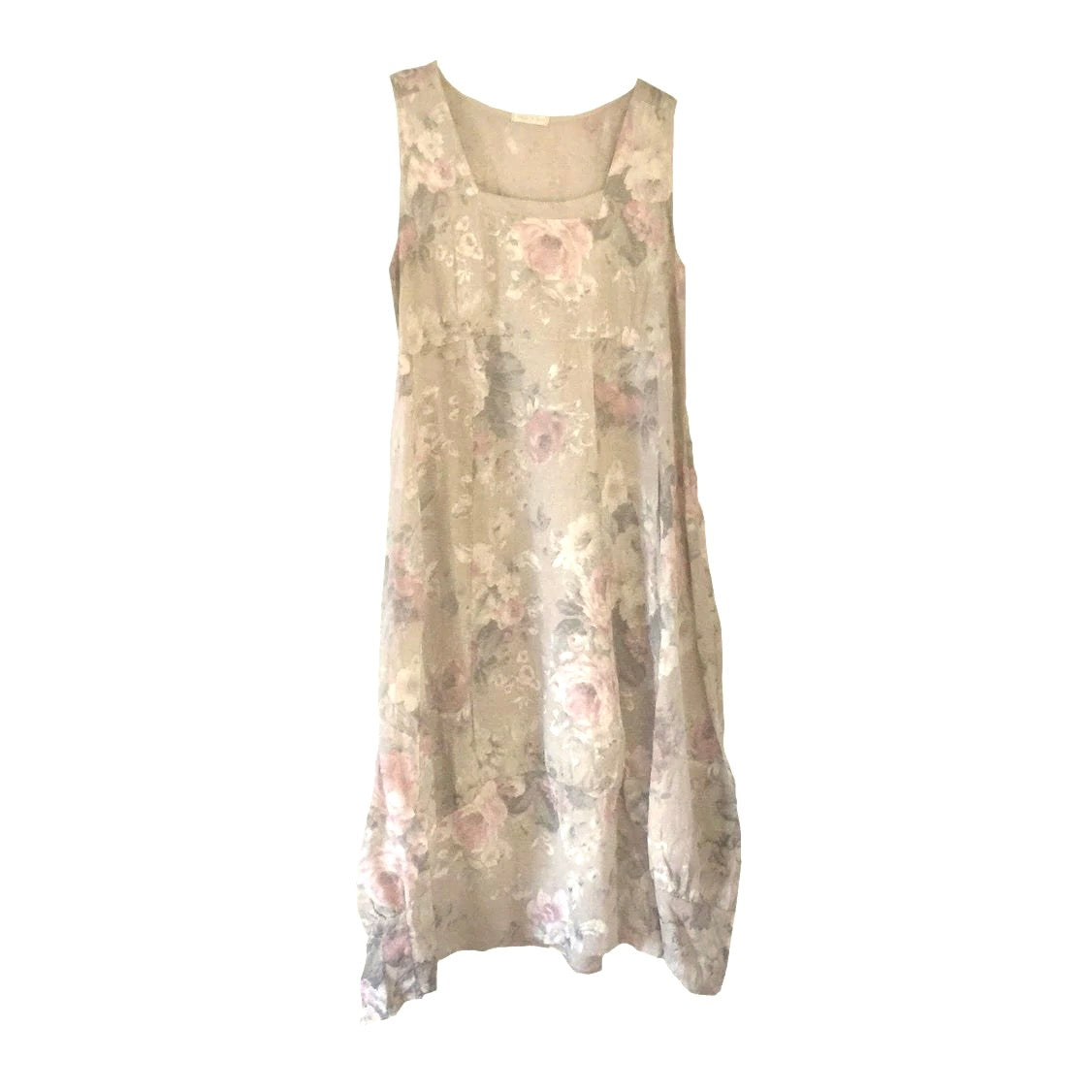 Floral Sleeveless Linen Dress - Beige