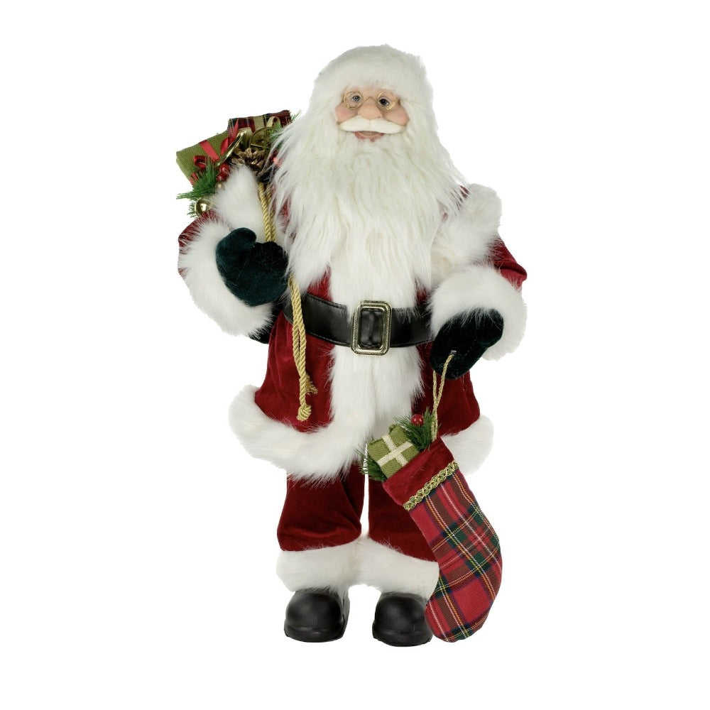 Traditional Standing Santa with Plaid Stocking